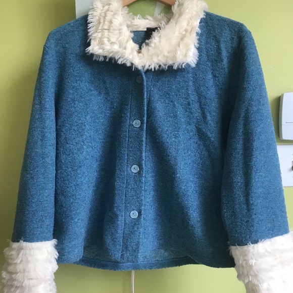 Blue Cardigan with White Faux Fur Collar and Cuffs - Picture 1 of 7